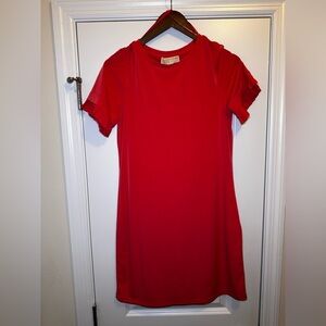 Michael Kors XS Sangria Coral Shift Mini Dress Pleated Sleeves Spring NWT